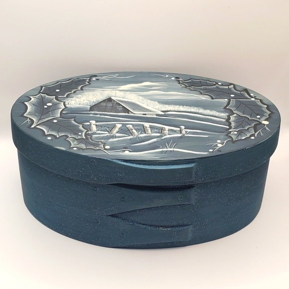 Shaker Style 3 Finger Oval Ceramic Box with Lid Hand Painted Signed Bervena